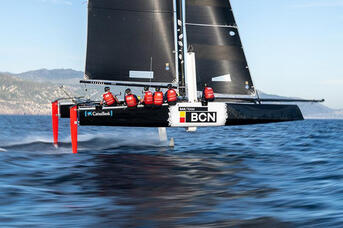 Nico Flies above the water in a training session on SailTeam BCN's GC32
