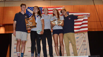 Celebrating winning the Nation's Trophy at the 2018 Youth Worlds in Corpus Christi, Texas (with crew AnaClare Sole, friends Charlotte Rose, Chase Carraway, and coach Rosie Chapman)